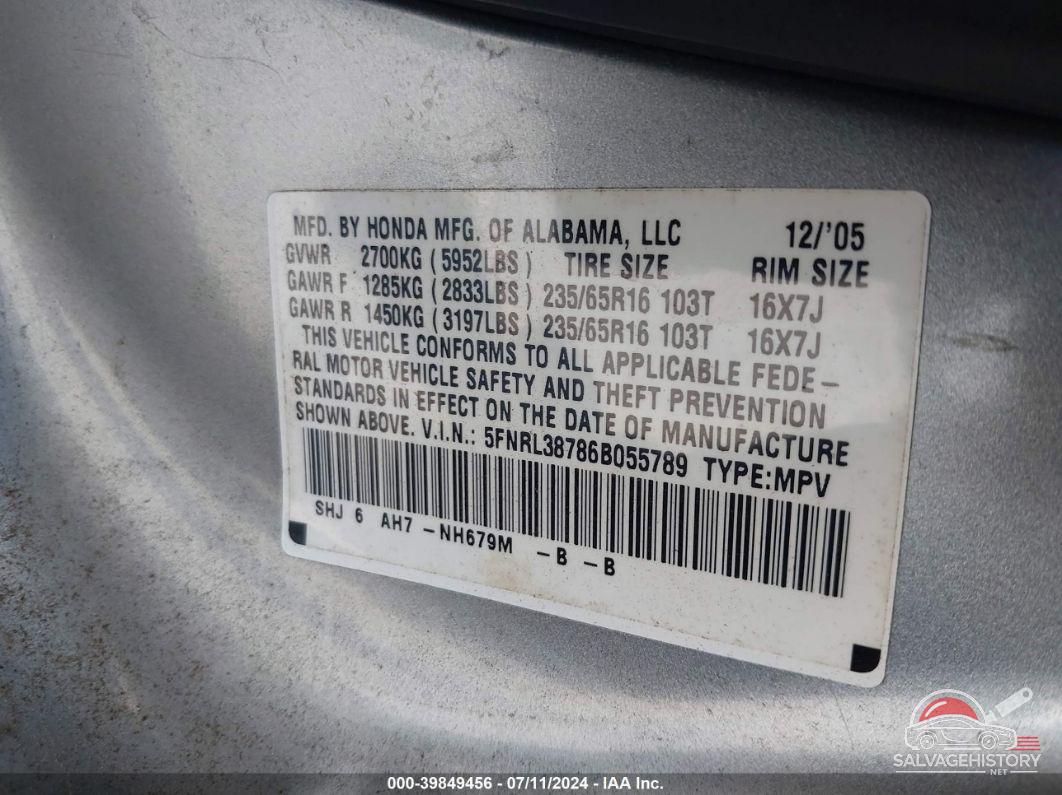 5FNRL38786B055789 2006 HONDA ODYSSEY photo no. 9