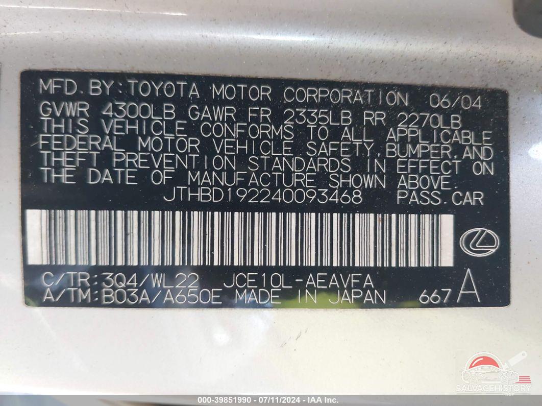 JTHBD192240093468 2004 LEXUS IS 300 photo no. 9