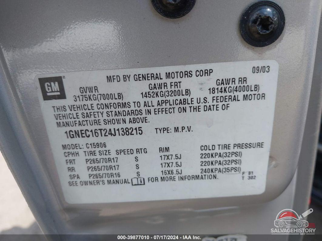 1GNEC16T24J138215 2004 CHEVROLET SUBURBAN 1500 photo no. 9