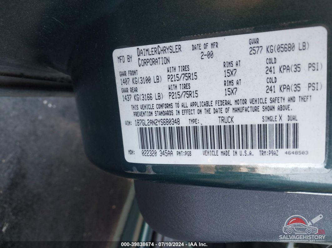 1B7GL2AN2YS680348 2000 DODGE DAKOTA photo no. 9