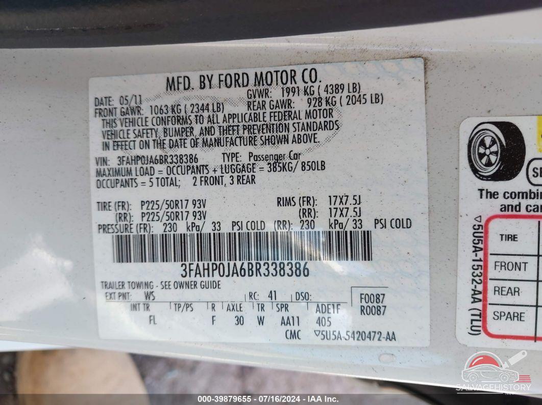 3FAHP0JA6BR338386 2011 FORD FUSION photo no. 9