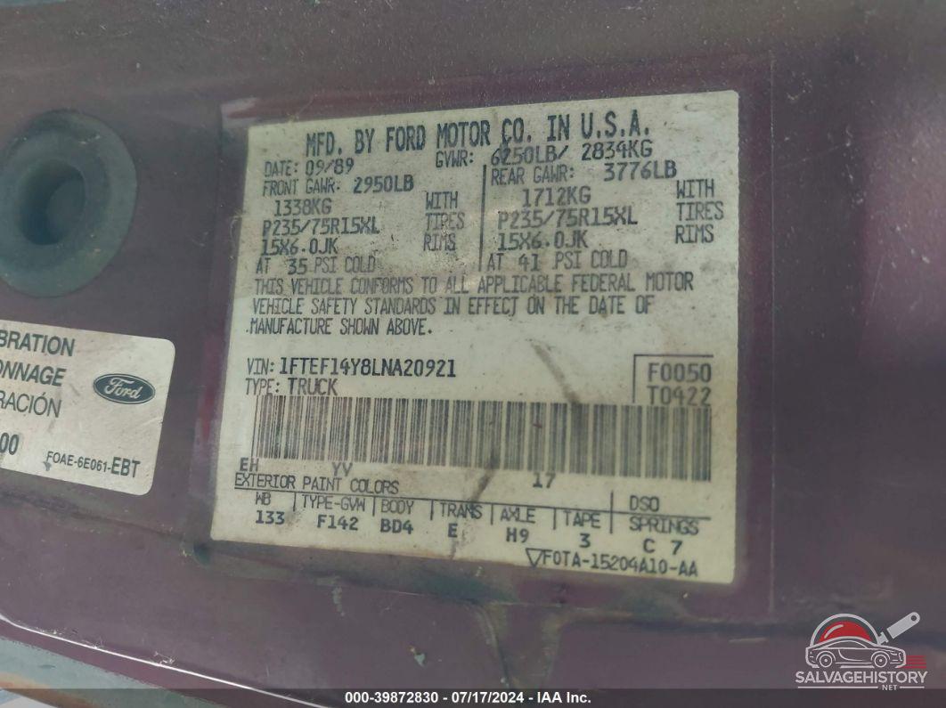 1FTEF14Y8LNA20921 1990 FORD F150 photo no. 9