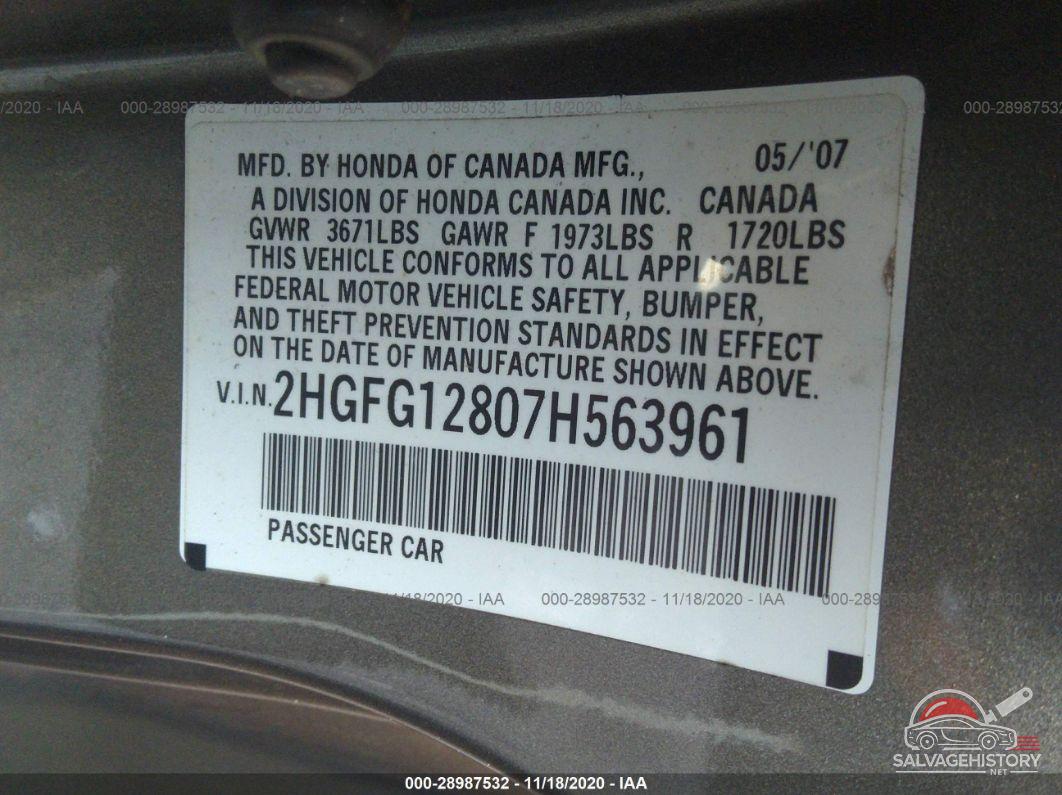 2HGFG12807H563961 2007 HONDA CIVIC CPE photo no. 9