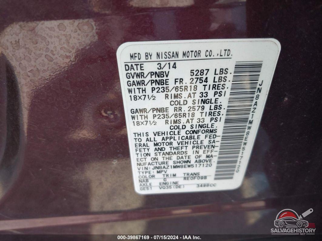JN8AZ1MW8EW517120 2014 NISSAN MURANO photo no. 9