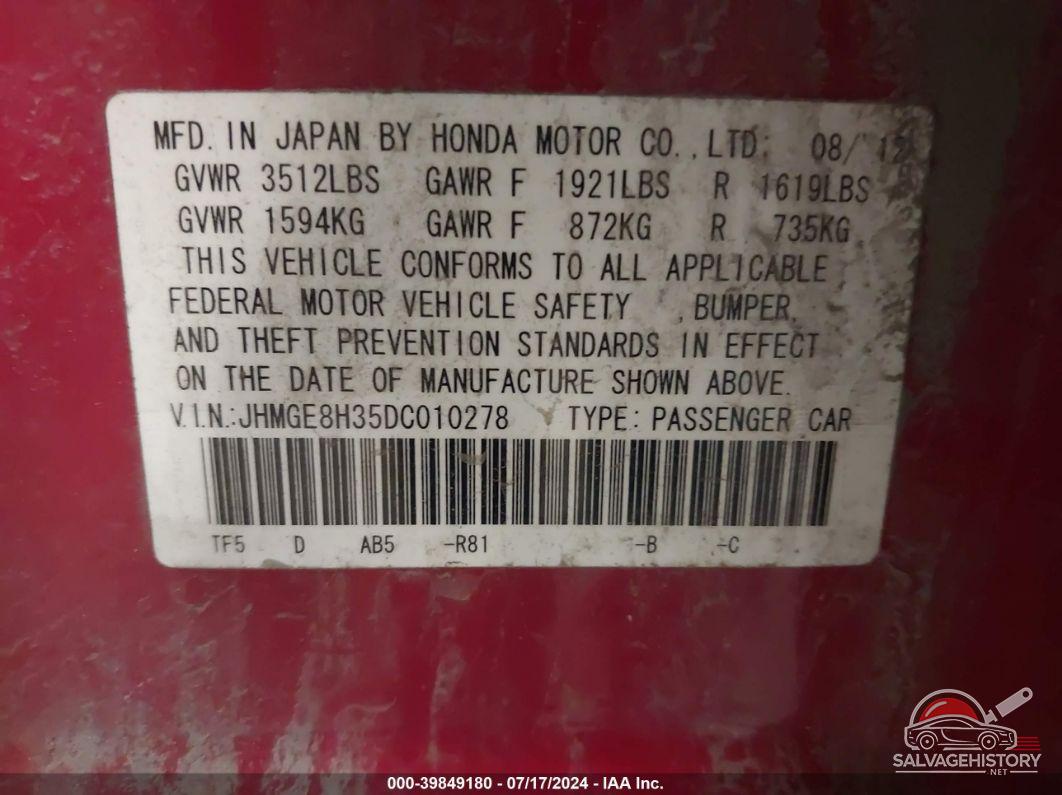 JHMGE8H35DC010278 2013 HONDA FIT photo no. 9