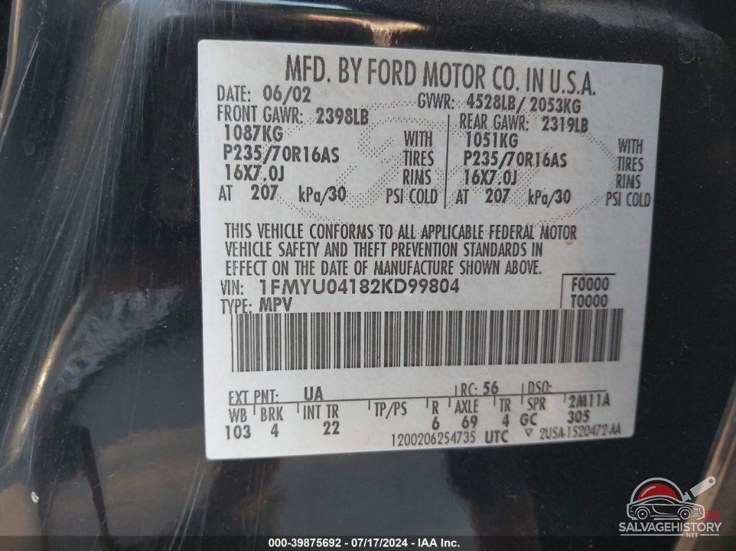 1FMYU04182KD99804 2002 FORD ESCAPE photo no. 9