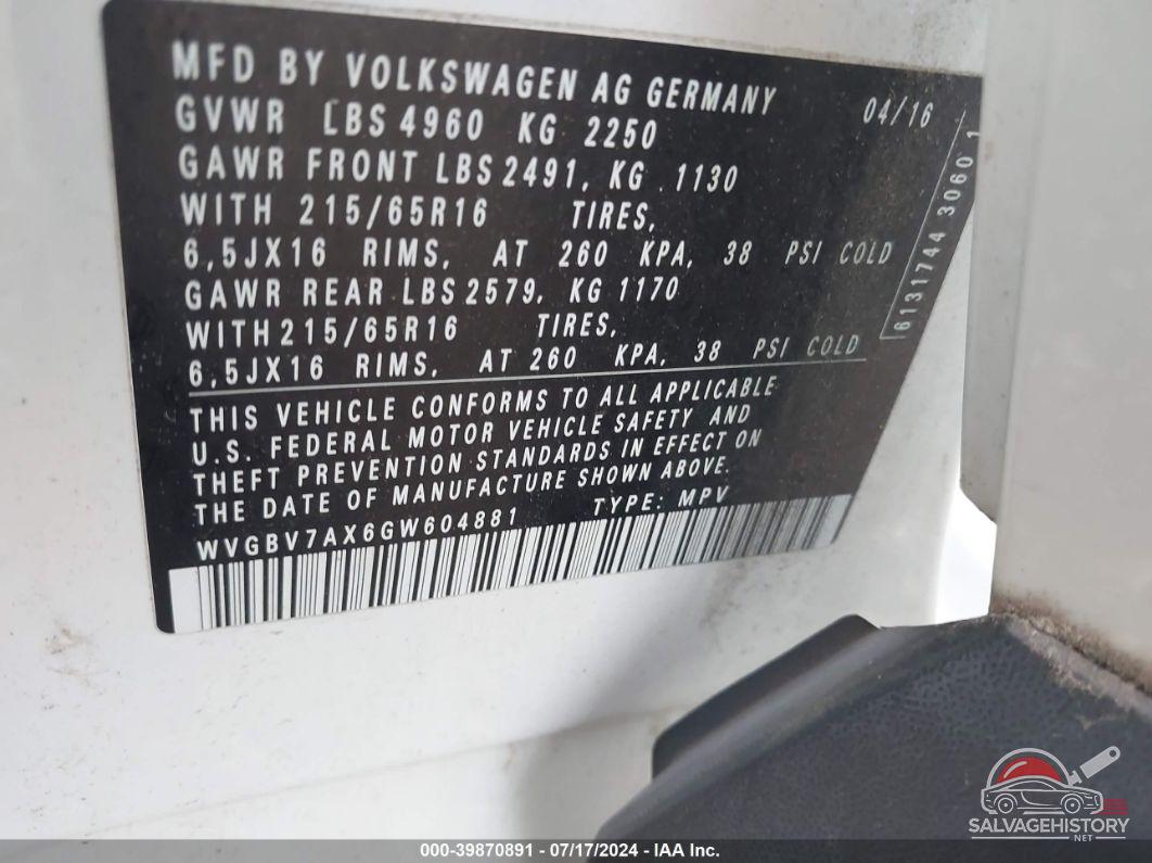 WVGBV7AX6GW604881 2016 VOLKSWAGEN TIGUAN photo no. 9