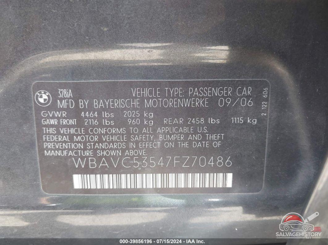 WBAVC53547FZ70486 2007 BMW 328I photo no. 9