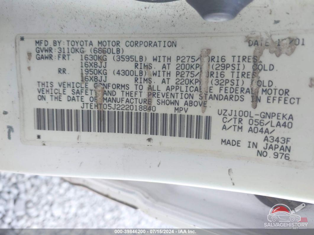 JTEHT05J222018840 2002 TOYOTA LAND CRUISER photo no. 9