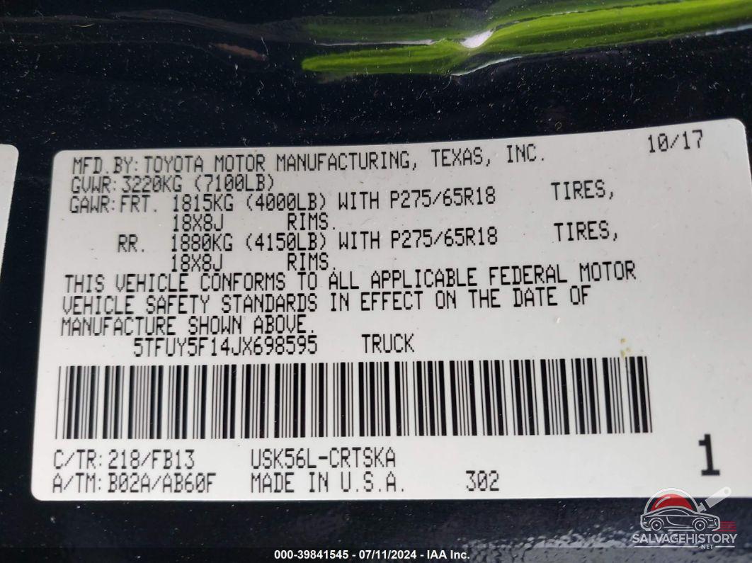 5TFUY5F14JX698595 2018 TOYOTA TUNDRA photo no. 9