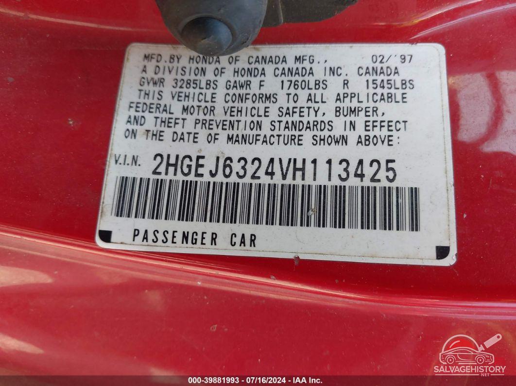 2HGEJ6324VH113425 1997 HONDA CIVIC photo no. 9