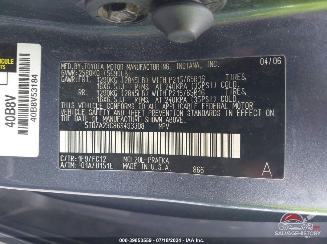 5TDZA23C86S493308 2006 TOYOTA SIENNA photo no. 9