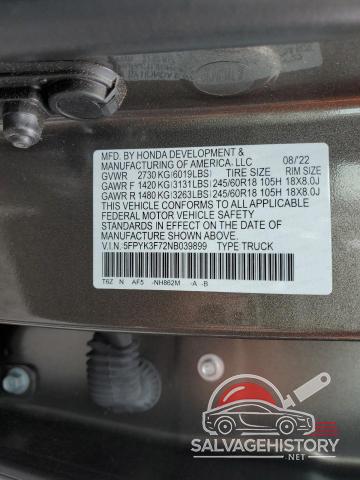 5FPYK3F72NB039899 2022 HONDA RIDGELINE photo no. 12