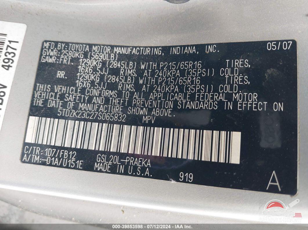 5TDZK23C27S065832 2007 TOYOTA SIENNA photo no. 9