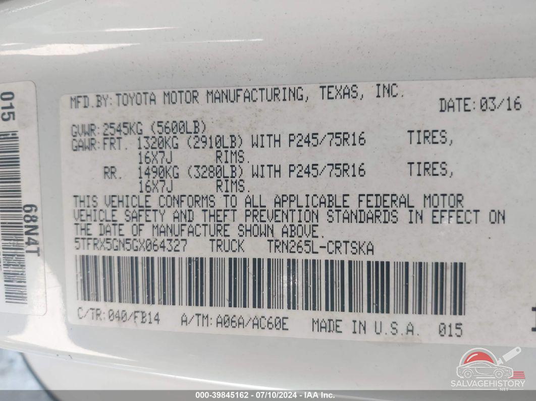 5TFRX5GN5GX064327 2016 TOYOTA TACOMA photo no. 9