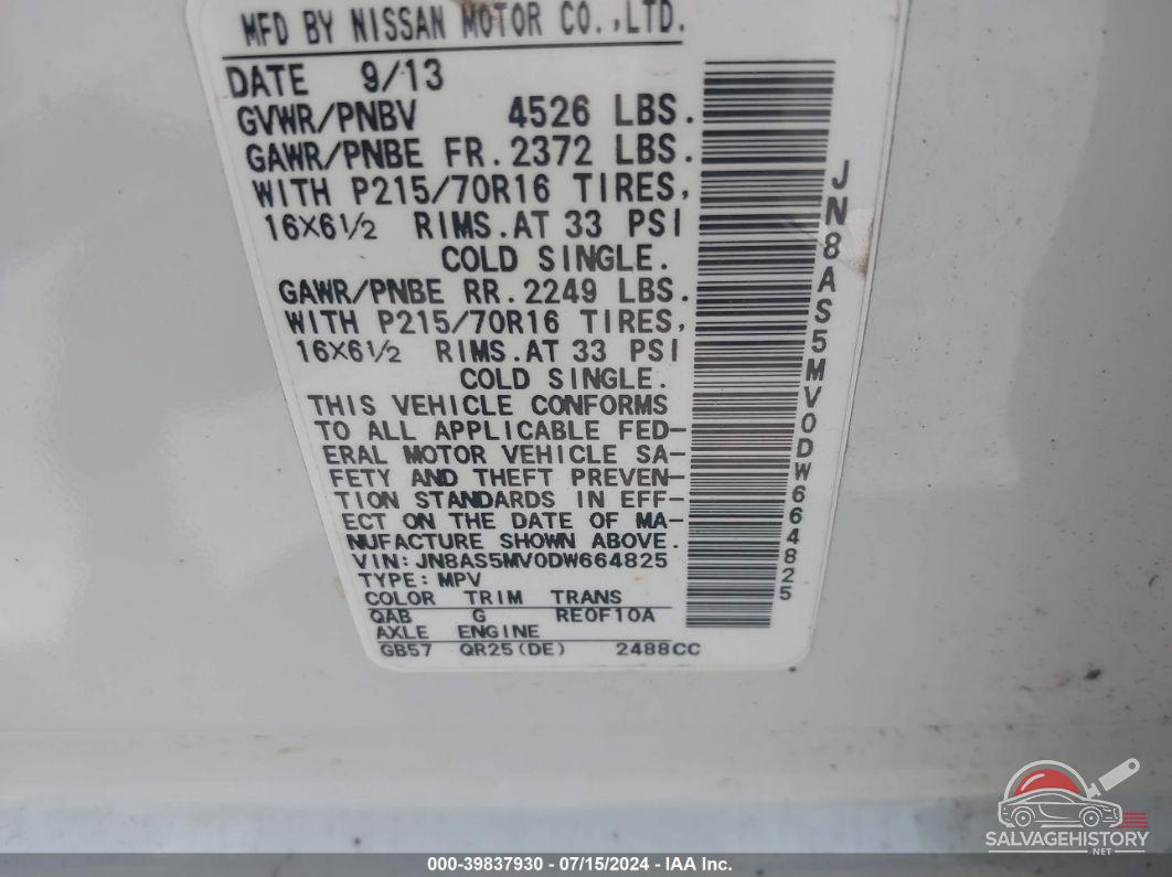 JN8AS5MV0DW664825 2013 NISSAN ROGUE photo no. 9