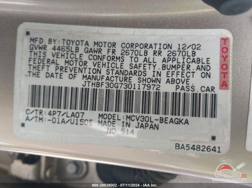 JTHBF30G730117972 2003 LEXUS ES 300 photo no. 9