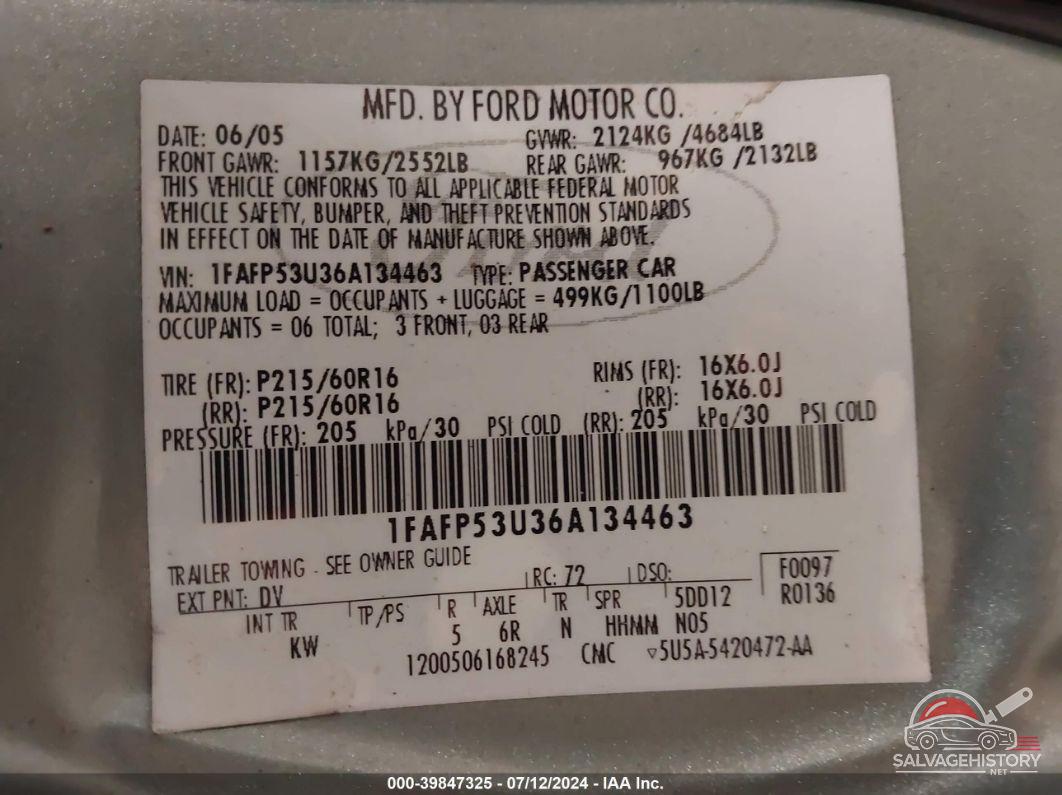 1FAFP53U36A134463 2006 FORD TAURUS photo no. 9