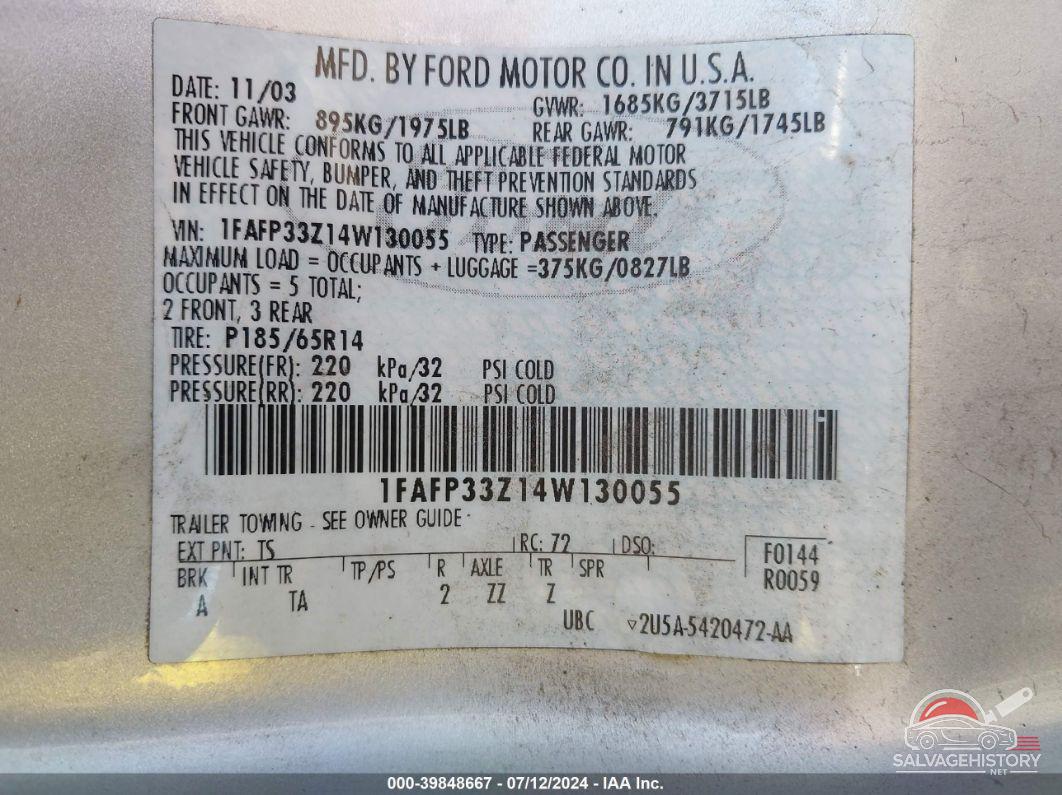 1FAFP33Z14W130055 2004 FORD FOCUS photo no. 9