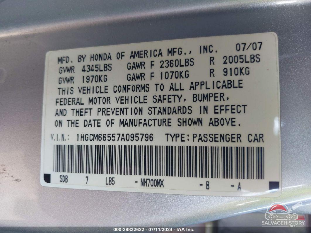 1HGCM66557A095796 2007 HONDA ACCORD photo no. 9