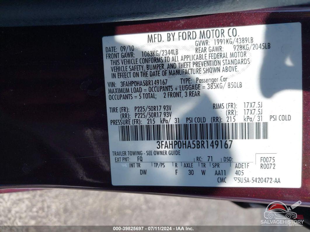 3FAHP0HA5BR149167 2011 FORD FUSION photo no. 9