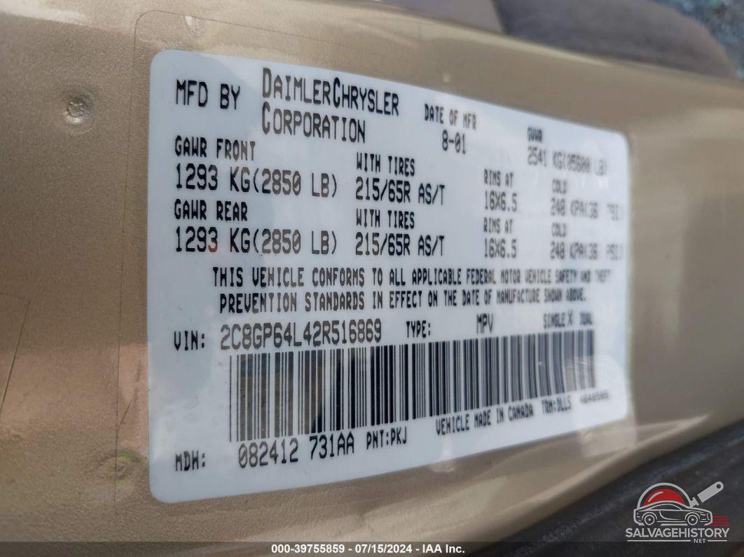 2C8GP64L42R516869 2002 CHRYSLER TOWN & COUNTRY photo no. 9