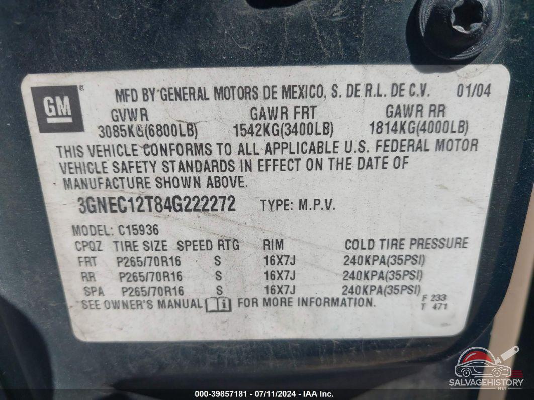 3GNEC12T84G222272 2004 CHEVROLET AVALANCHE 1500 photo no. 9