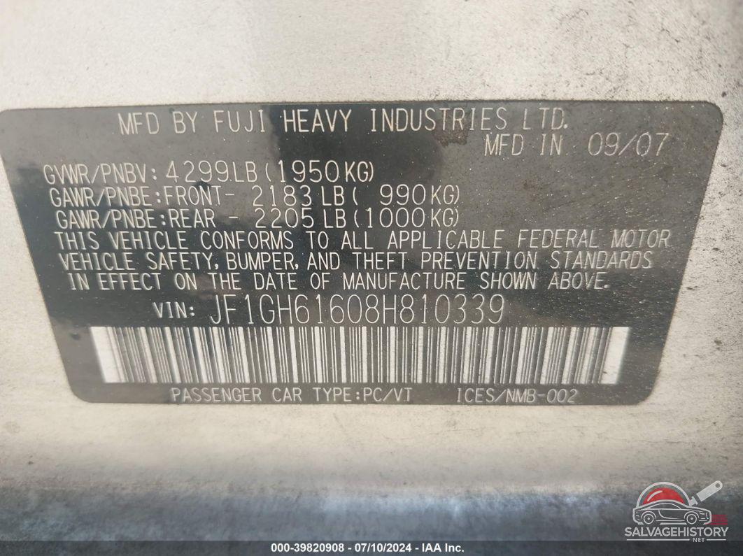 JF1GH61608H810339 2008 SUBARU IMPREZA photo no. 9
