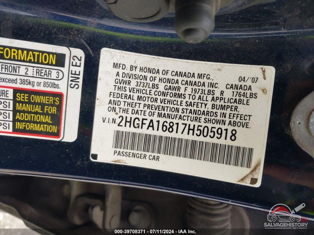 2HGFA16817H505918 2007 HONDA CIVIC photo no. 9