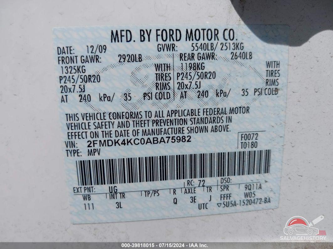 2FMDK4KC0ABA75982 2010 FORD EDGE photo no. 9
