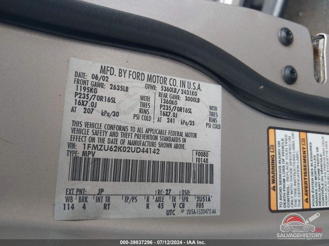 1FMZU62K02UD44142 2002 FORD EXPLORER photo no. 9