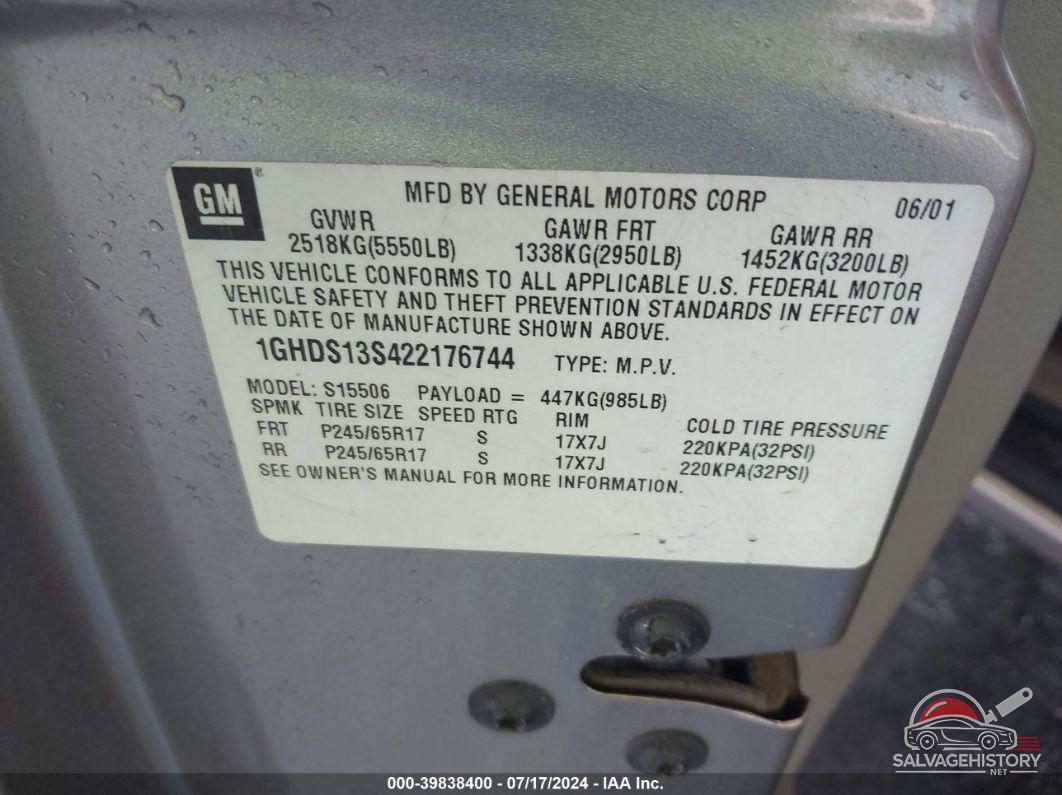 1GHDS13S422176744 2002 OLDSMOBILE BRAVADA photo no. 9