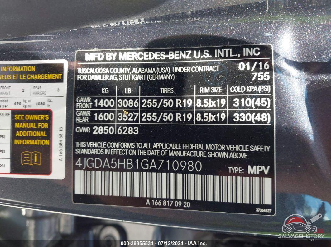 4JGDA5HB1GA710980 2016 MERCEDES-BENZ GLE 350 photo no. 9