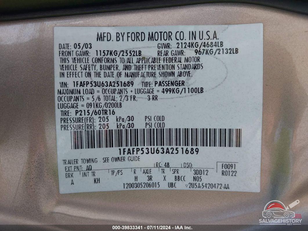 1FAFP53U63A251689 2003 FORD TAURUS photo no. 9