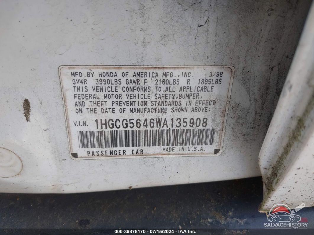 1HGCG5646WA135908 1998 HONDA ACCORD photo no. 9