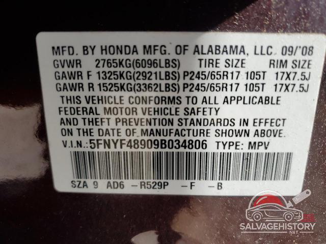 5FNYF48909B034806 2009 HONDA PILOT photo no. 13