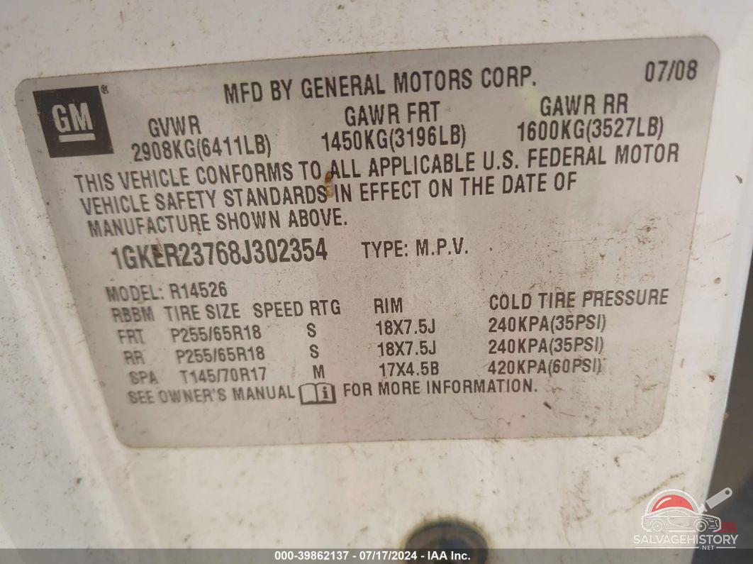 1GKER23768J302354 2008 GMC ACADIA photo no. 9