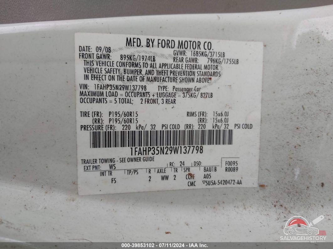 1FAHP35N29W137798 2009 FORD FOCUS photo no. 9