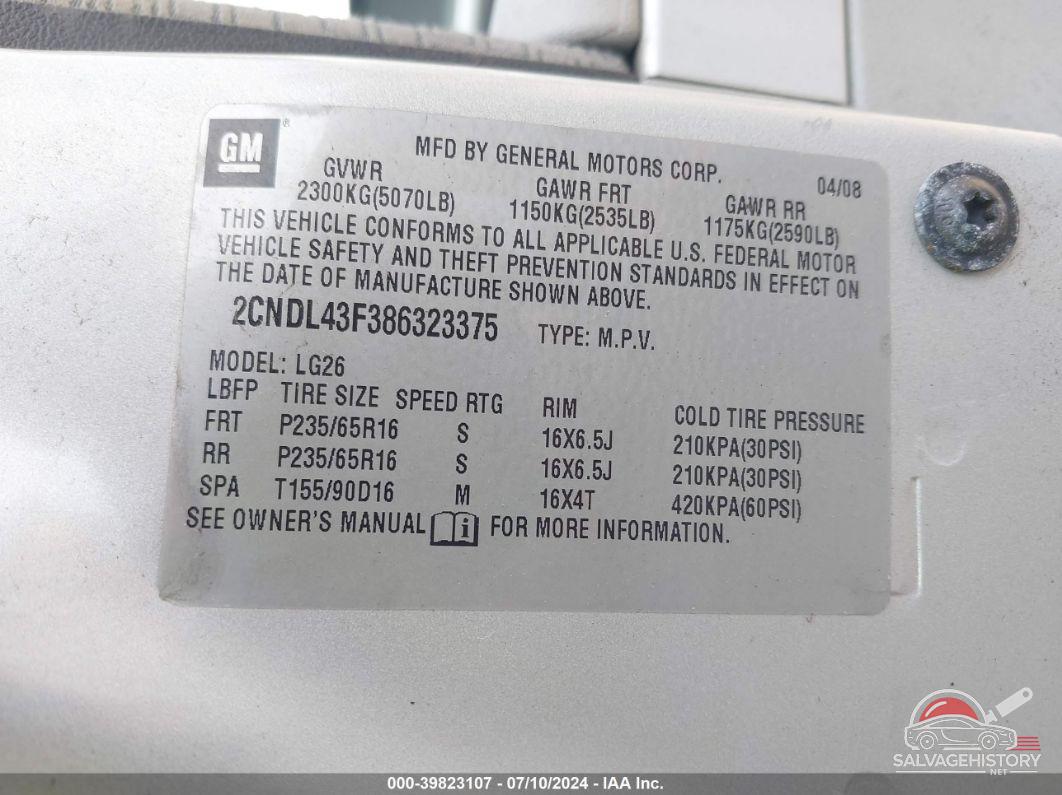 2CNDL43F386323375 2008 CHEVROLET EQUINOX photo no. 9