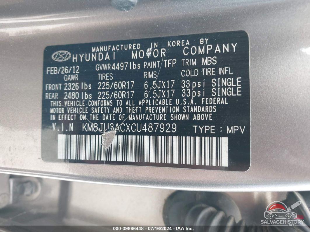 KM8JU3ACXCU487929 2012 HYUNDAI TUCSON photo no. 9