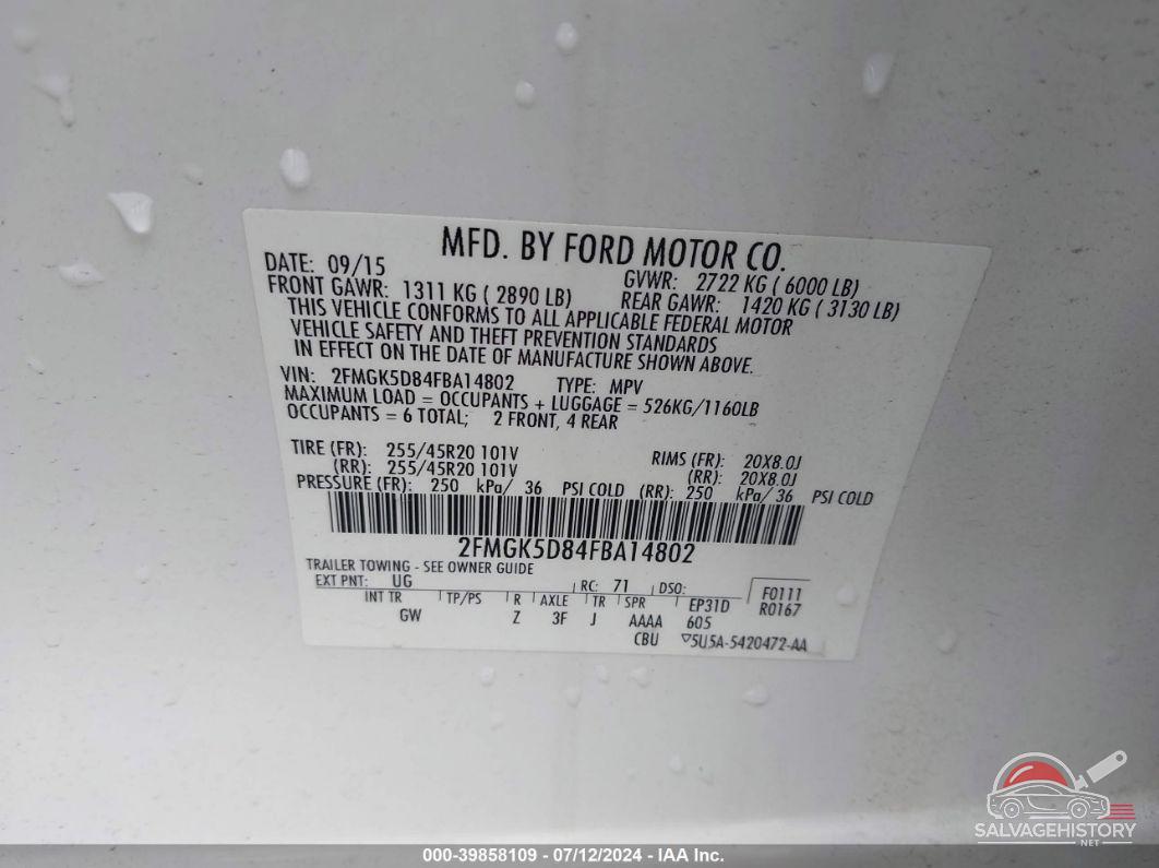 2FMGK5D84FBA14802 2015 FORD FLEX photo no. 9