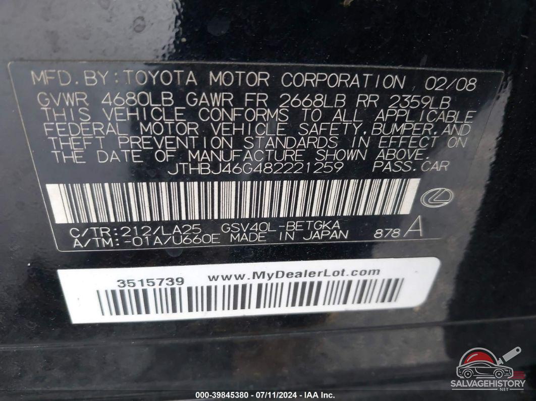 JTHBJ46G482221259 2008 LEXUS ES 350 photo no. 9