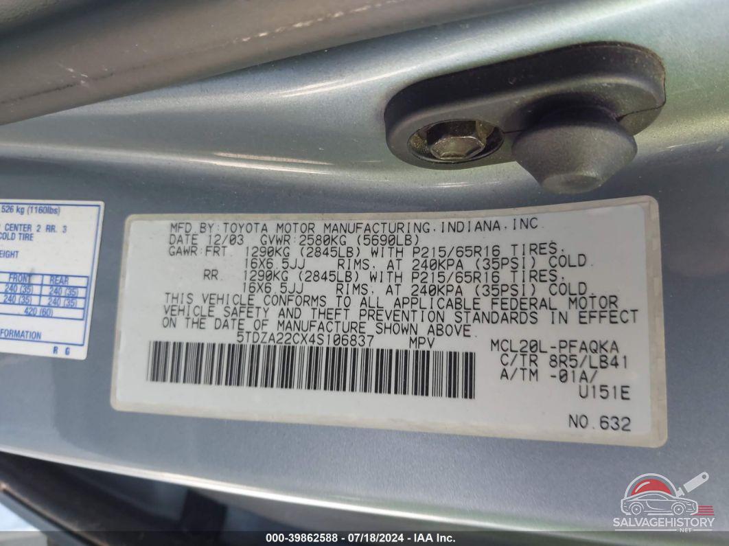 5TDZA22CX4S106837 2004 TOYOTA SIENNA photo no. 9