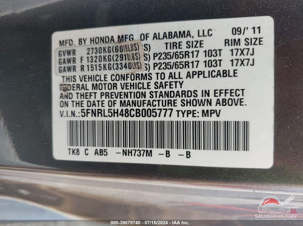 5FNRL5H48CB005777 2012 HONDA ODYSSEY photo no. 9