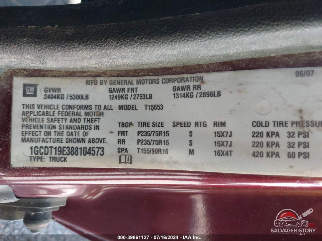 1GCDT19E388104573 2008 CHEVROLET COLORADO photo no. 9