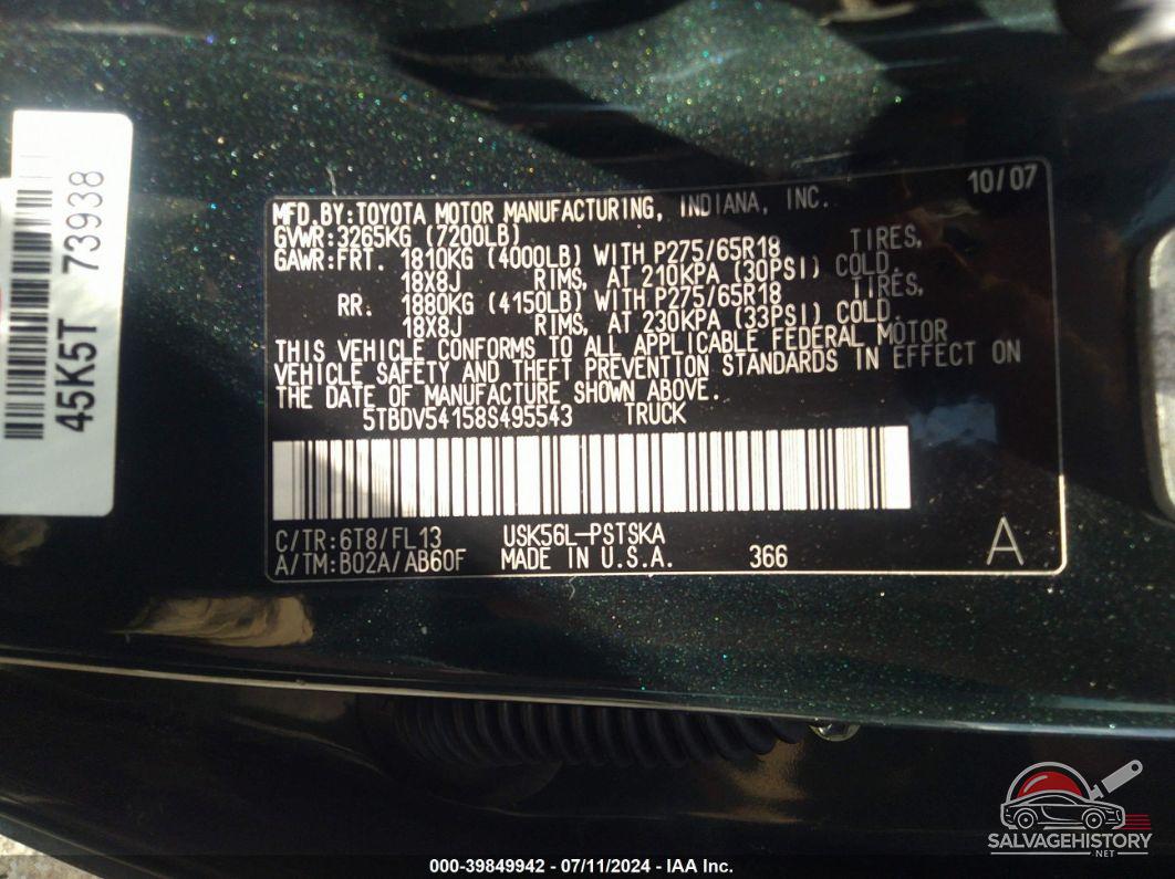 5TBDV54158S495543 2008 TOYOTA TUNDRA photo no. 9