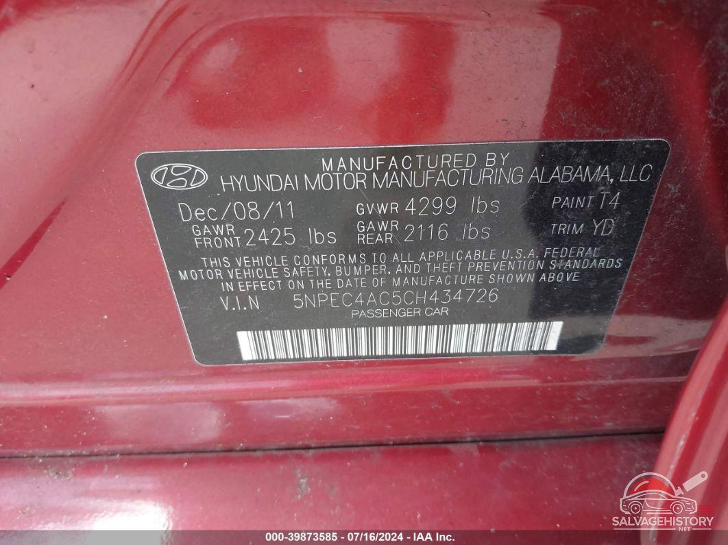 5NPEC4AC5CH434726 2012 HYUNDAI SONATA photo no. 9