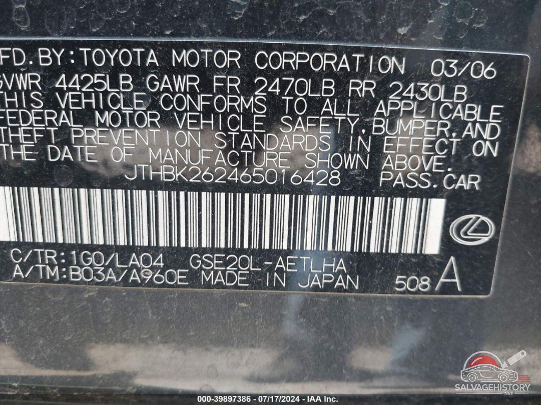 JTHBK262465016428 2006 LEXUS IS 250 photo no. 9