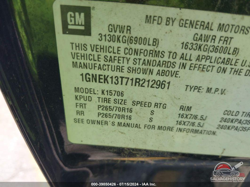 1GNEK13T71R212961 2001 CHEVROLET TAHOE photo no. 9