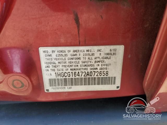 1HGCG16472A072658 2002 HONDA ACCORD photo no. 12